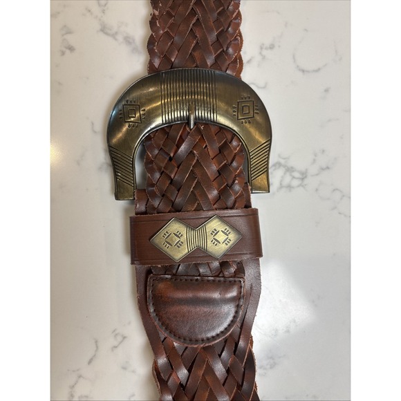 Cabi Belt Womens Med Brown Leather Wide Braided Woven Big Buckle Tribal Boho - Picture 1 of 7